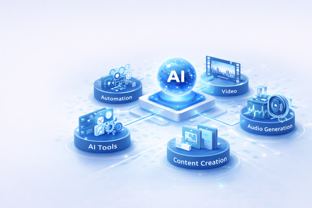 Freelance Planet AI services banner featuring Automation, Video, AI Tools, Audio Generation, and Content Creation categories.