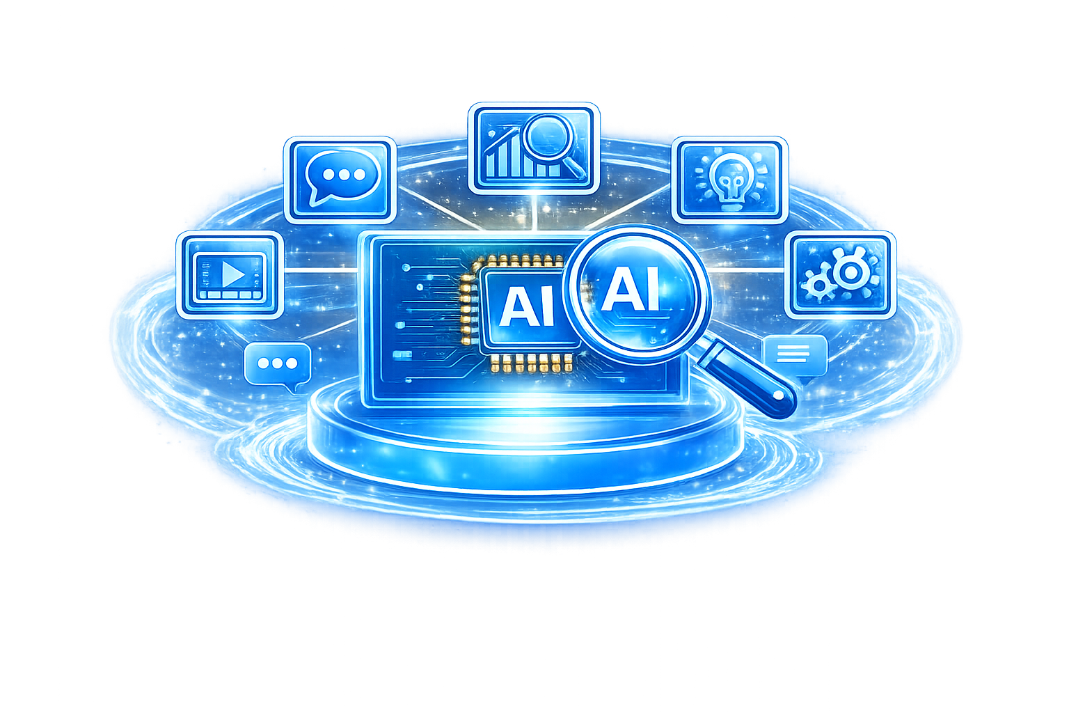 AI tools directory icon showing a central AI chip connected to multiple tool categories with a futuristic oval platform, representing a unified hub of AI tools on Freelance Planet