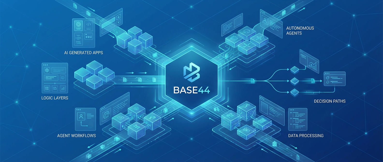 AI agent and application builder banner for Base44 illustrating AI-generated automation and autonomous workflows for Freelance Planet