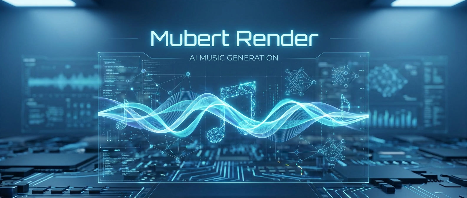 AI music generation banner for Mubert Render showing abstract sound waves and digital audio synthesis technology for Freelance Planet
