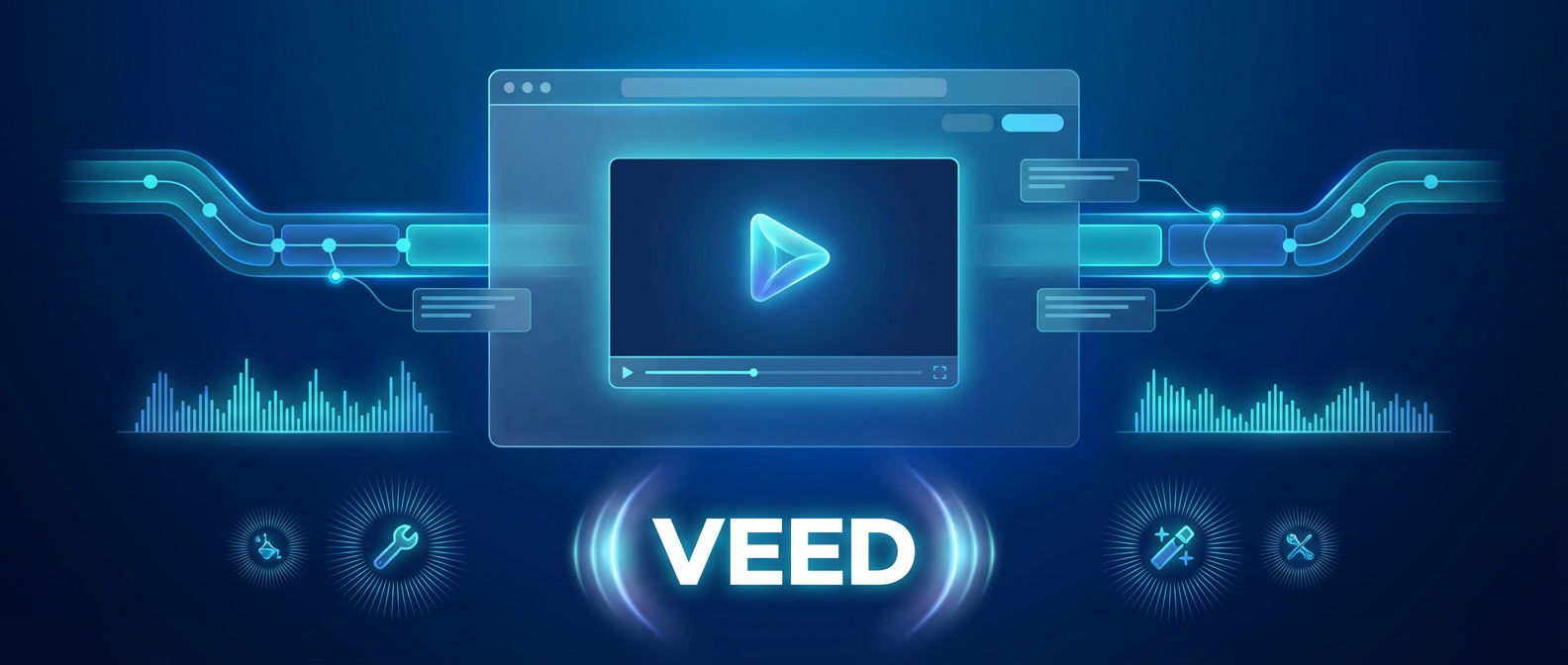 AI video editing banner for VEED illustrating browser-based video creation and AI enhancements for Freelance Planet
