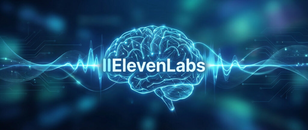 AI voice generation banner for ElevenLabs featuring futuristic sound waves and speech synthesis technology for Freelance Planet
