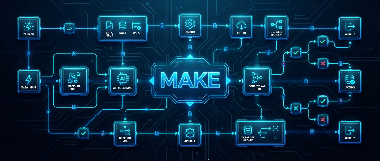 AI workflow automation banner for Make illustrating visual automation and app integrations for Freelance Planet