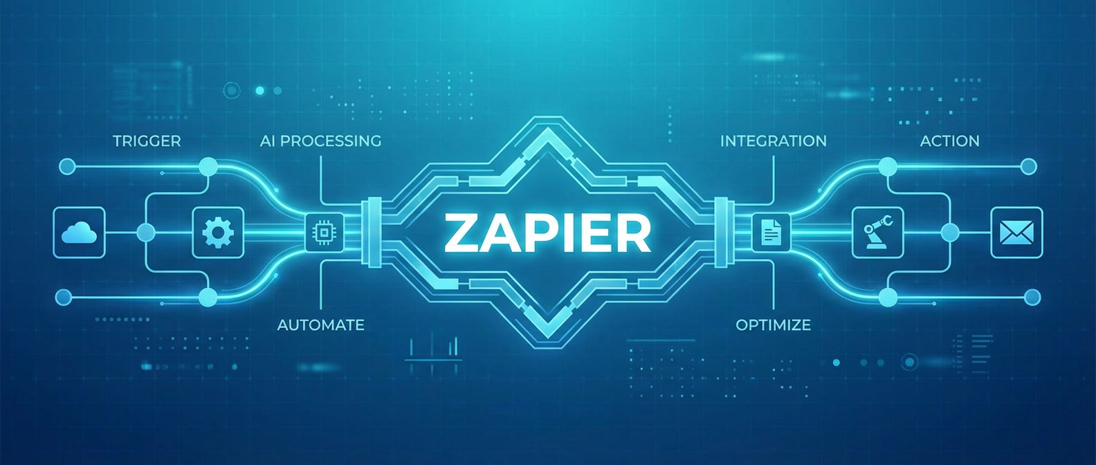 AI automation workflow banner for Zapier illustrating simple app integrations and task automation for Freelance Planet