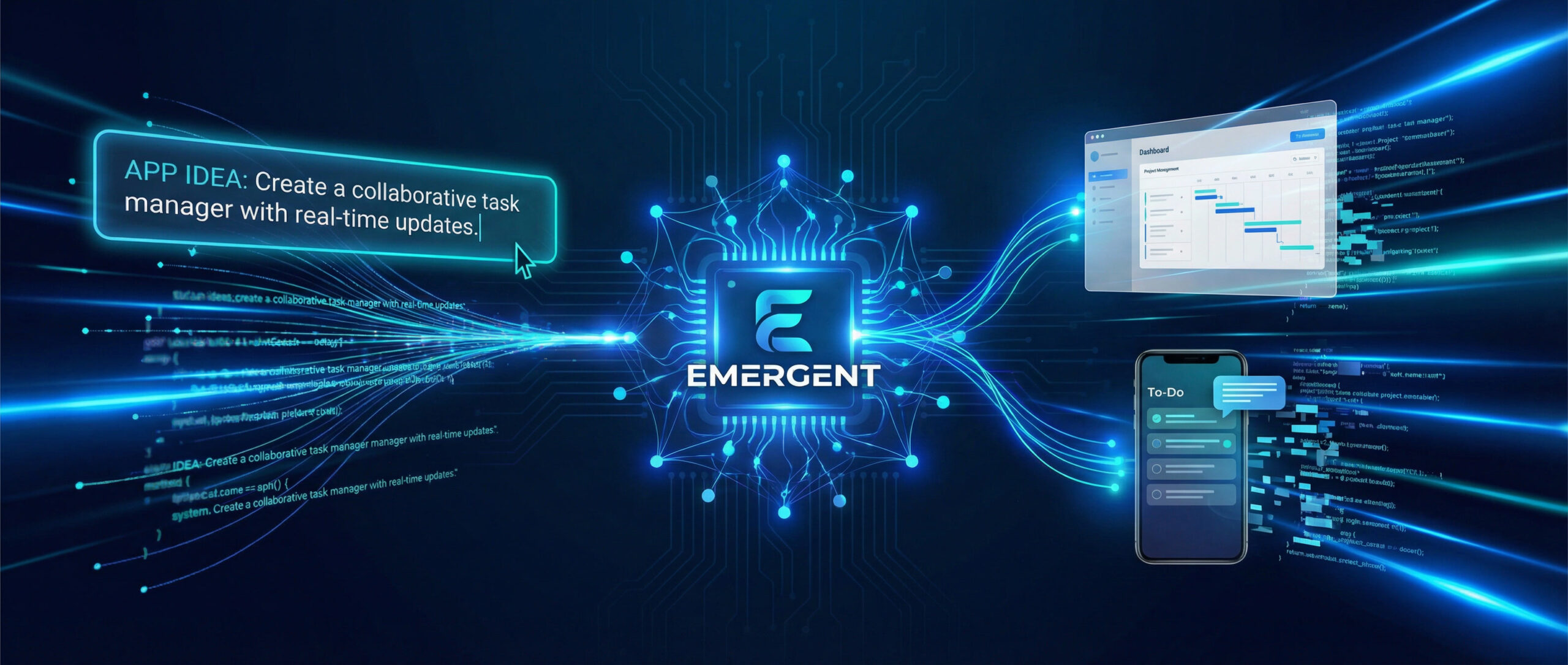 AI app and agent builder banner for Emergent illustrating intelligent workflows and AI-powered applications for Freelance Planet