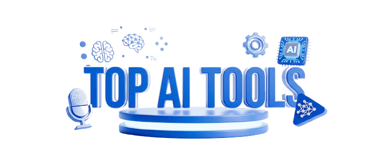 3D azure-blue glass text reading FP Planet Top Tools surrounded by a floating microphone, headphones, play button, and gears in a sleek tech style.