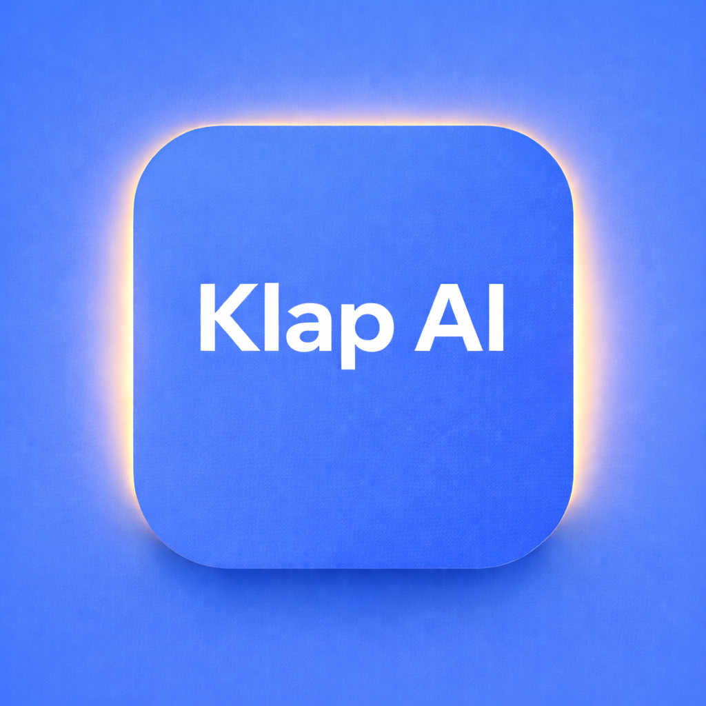 Klap AI logo icon on Freelance Planet, rounded square app icon with solid vivid cyan blue background #0693e3, clean snow-white Klap AI text centred, minimal warm golden edge glow, high contrast flat design for clear readability for fpplanet and AI Content & Media Generation hub