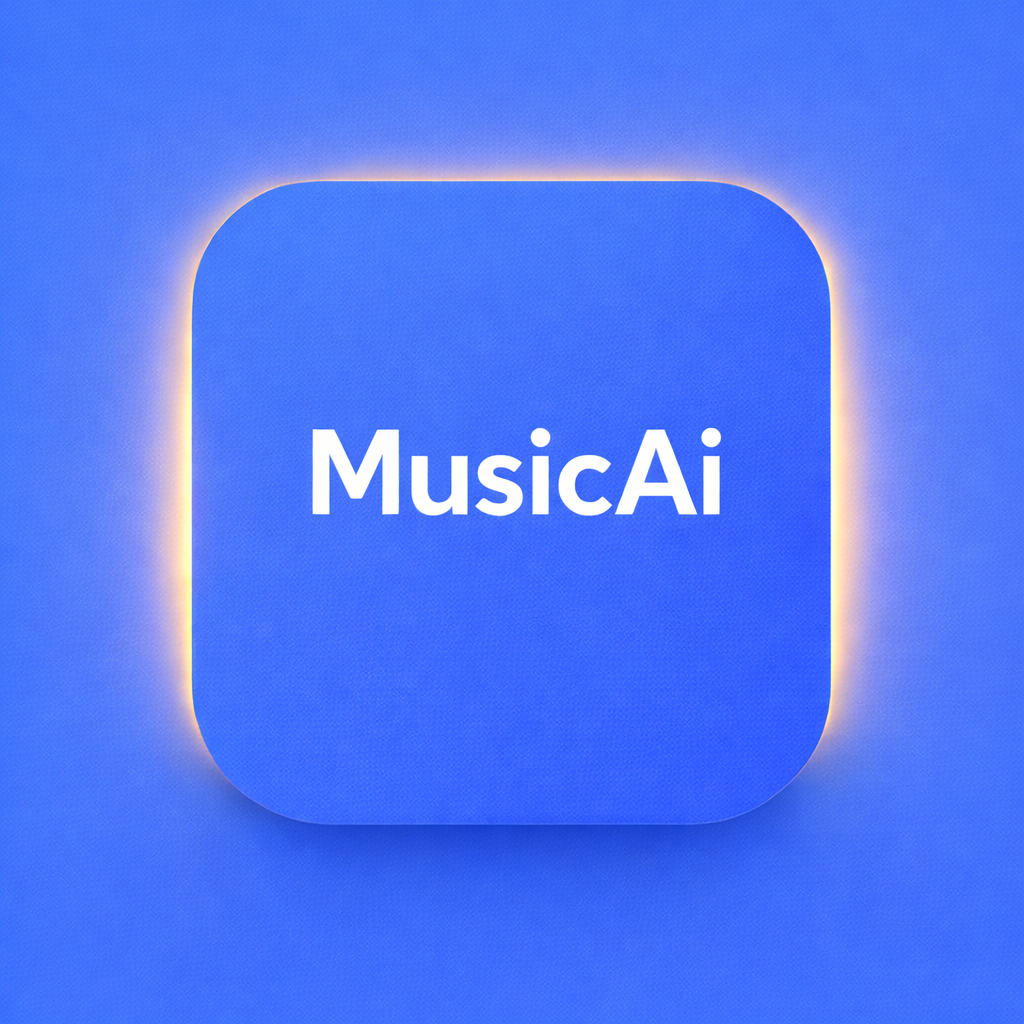 MusicAI AI logo icon on Freelance Planet, rounded square app icon with solid vivid cyan blue background #0693e3, clean snow-white MusicAI text centered, minimal warm golden edge glow, flat high-contrast design for clear readability, AI Audio & Sound Generation tool