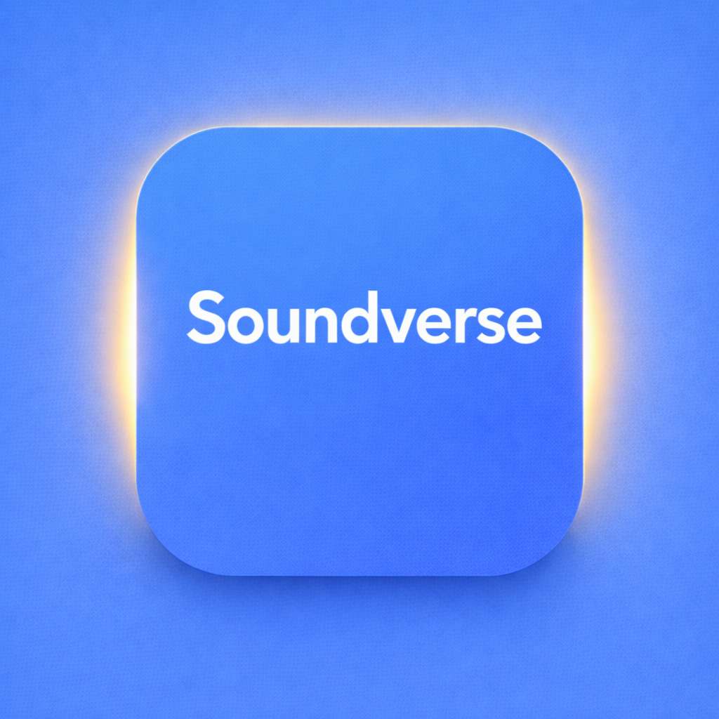 Soundverse AI logo icon on Freelance Planet, rounded square app icon with deep violet-to-blue gradient background, clean white Soundverse AI text centered, subtle warm edge glow, flat high-contrast design for clear readability
