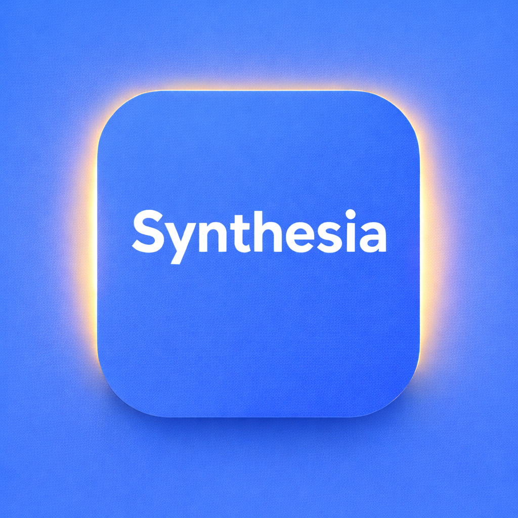 Synthesia logo icon on Freelance Planet, rounded square app icon with solid vivid cyan blue background #0693e3, clean white Synthesia text centered, minimal warm golden edge glow, high contrast and clear readability for fpplanet AI Content & Media Generation