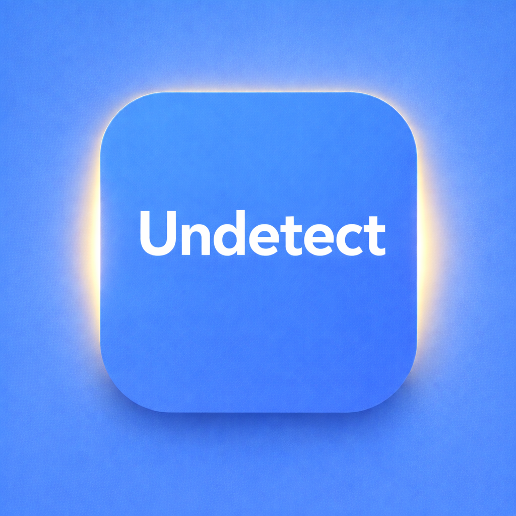 Undetectable AI logo icon on Freelance Planet, rounded square app icon with solid vivid cyan blue background #0693e3, clean snow-white Undetectable AI text centered, minimal warm golden edge glow, flat high-contrast design for clear readability, AI Detection & Content Authenticity tool