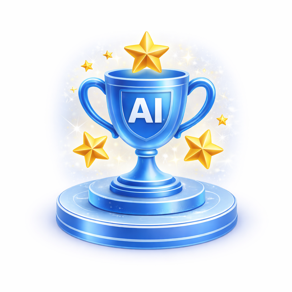 Top-Rated AI Tools icon on Freelance Planet, glossy blue 3D AI trophy with star accents on a circular pedestal, clean modern high-contrast design representing ranked and reviewed AI platforms