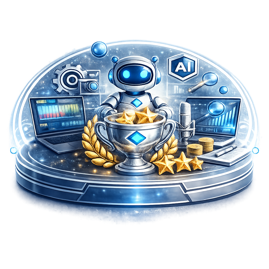 Futuristic AI automation emblem with robot holding trophy on glowing blue platform, surrounded by AI tools interface elements and gold rating stars, isolated on transparent background. for freelance planet Best AI Automation & Agent Tools Ranked hub