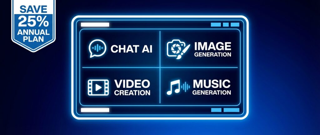 NinjaChat all-in-one AI platform banner highlighting 25% annual plan discount with chat, image, video and music generation modules on FP Planet Exclusive AI Tool Offers page