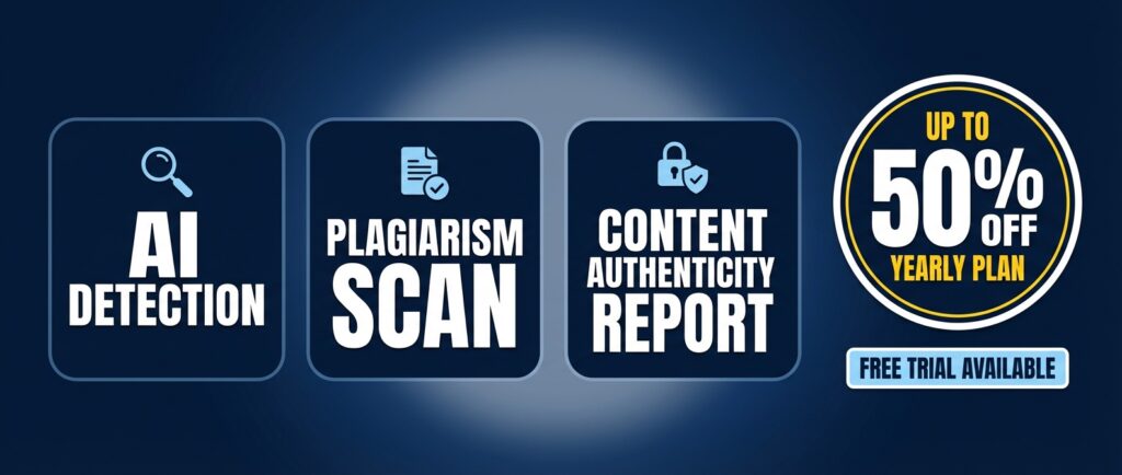 Undetectable AI detection and plagiarism scanning platform banner with 50% annual discount and free trial