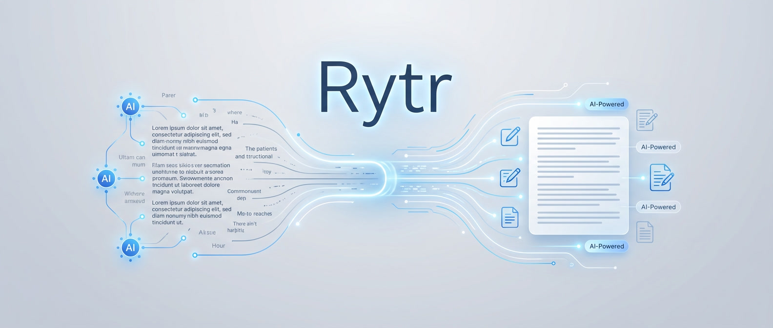 Rytr AI writing assistant banner on Freelance Planet, clean modern SaaS design, AI-powered text writing and editing workflows, minimal light background, clear typography, professional content creation focus