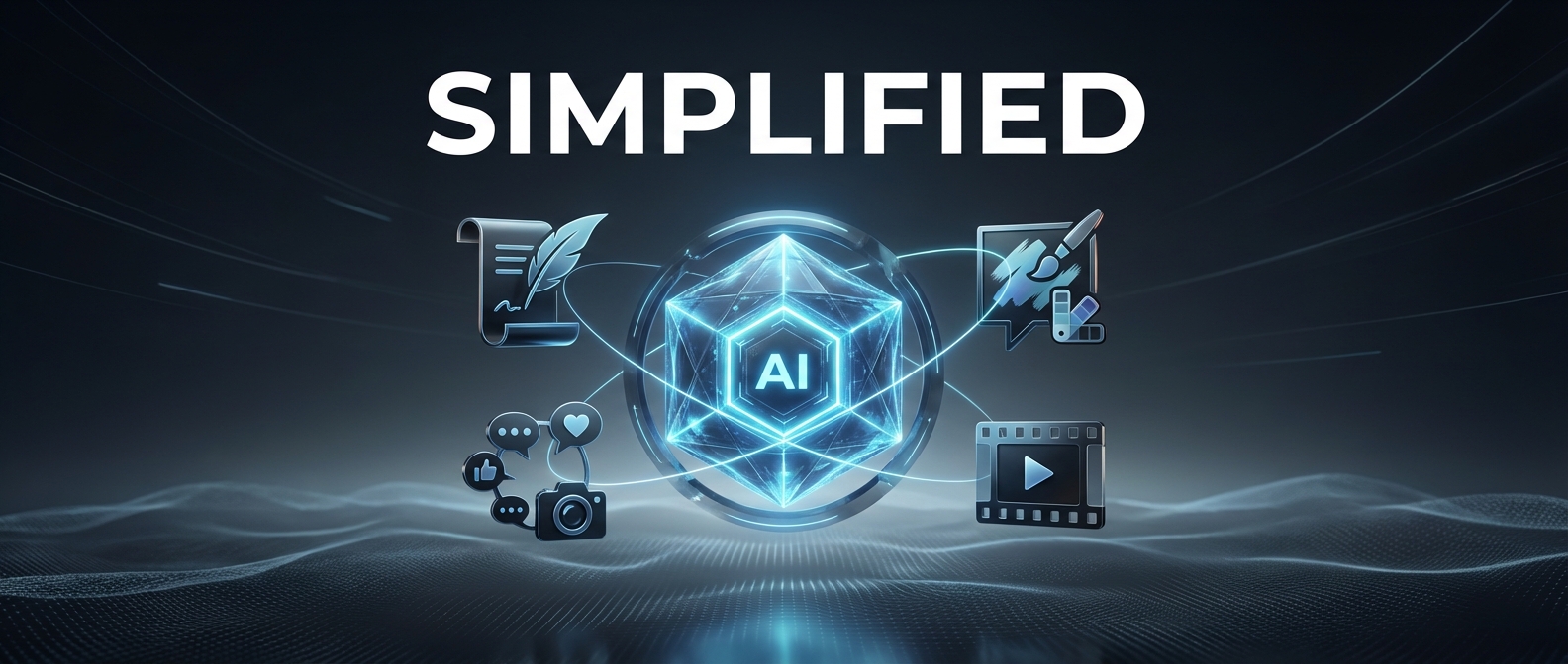 Simplified all-in-one AI platform banner on Freelance Planet — unified AI workspace for writing, design, social media, and video content creation, futuristic AI core with connected content tools, dark cinematic tech style
