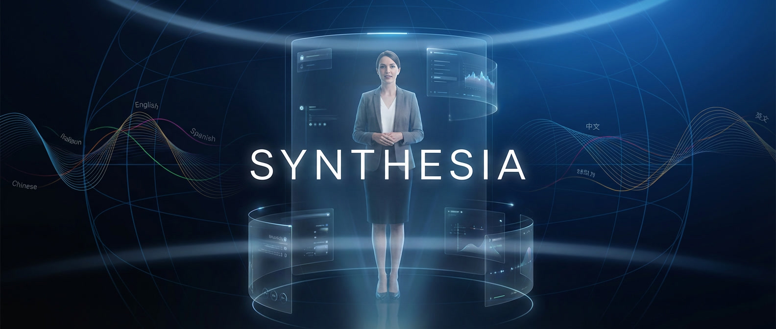 Synthesia banner in Best AI Video & Media Tools Ranked on Freelance Planet, holographic AI presenter in futuristic studio representing enterprise AI video creation