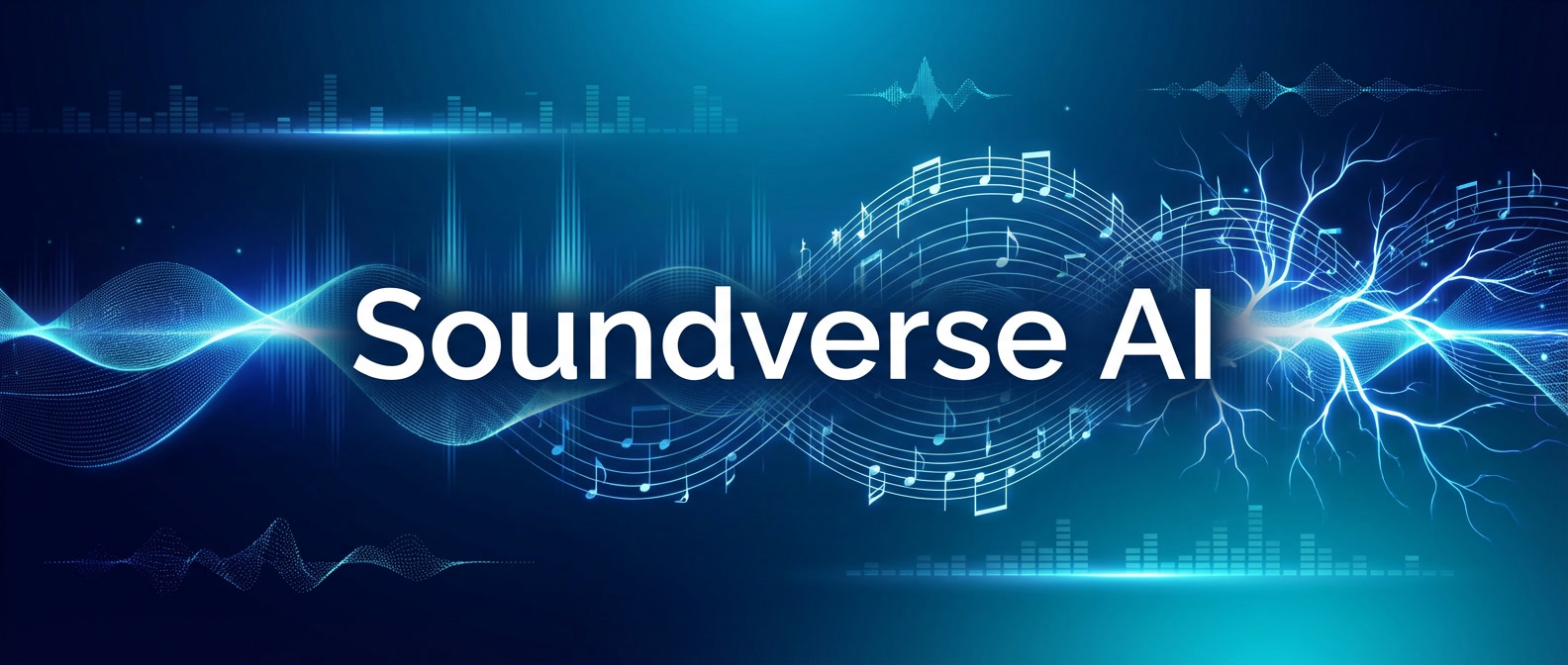 Soundverse AI banner in Best AI Music & Audio Tools Ranked on Freelance Planet, AI-generated sound waves and digital music visualization