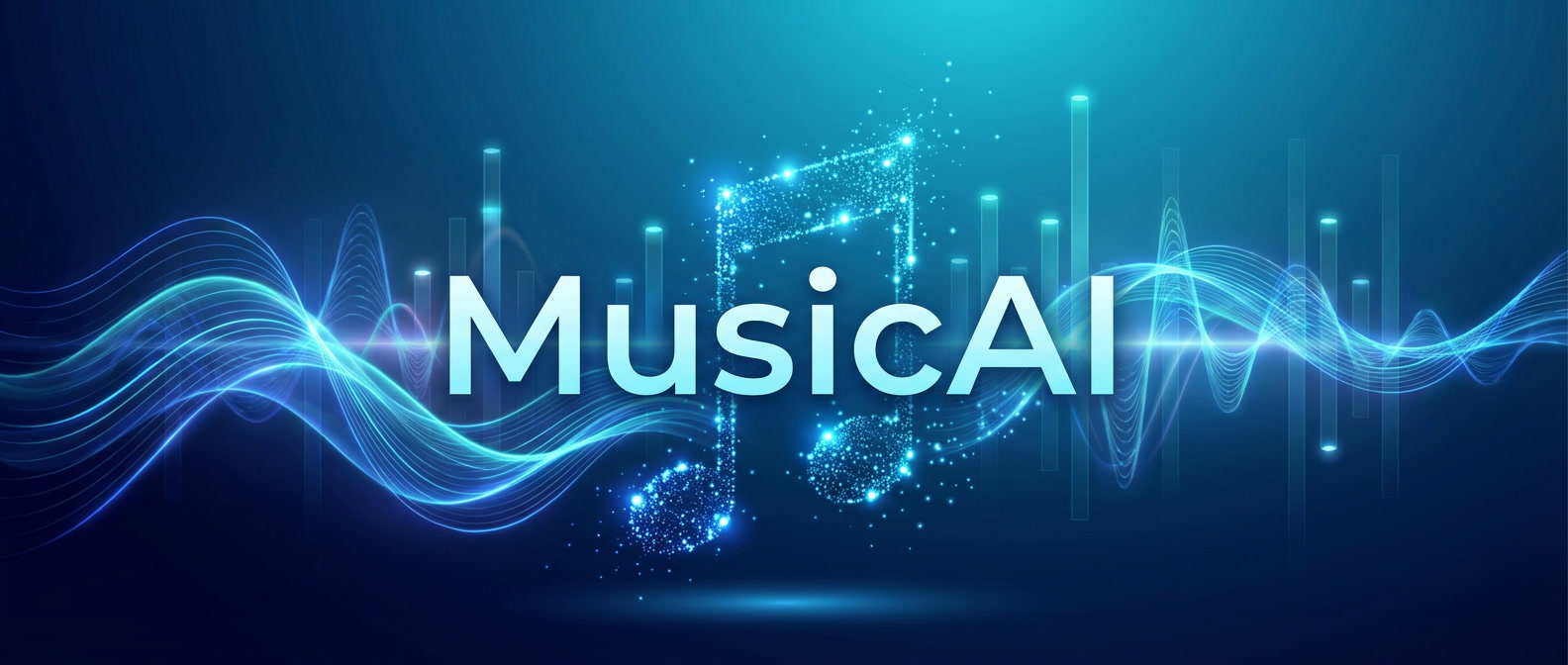 MusicAI banner in Best AI Music & Audio Tools Ranked on Freelance Planet, AI-generated sound waves and digital music visualization