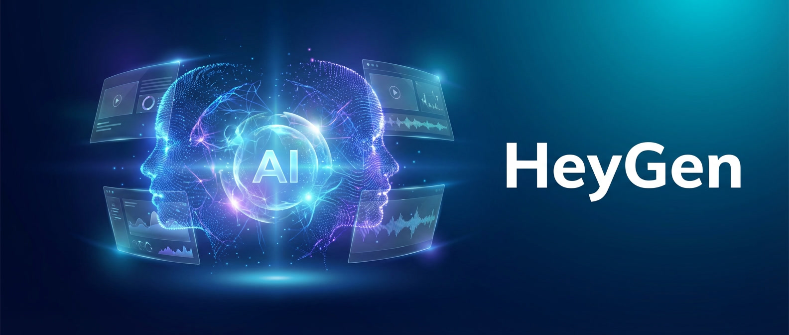HeyGen hero banner in Freelance Planet style with glowing AI avatar hologram and cinematic blue tech background representing AI video creation platform