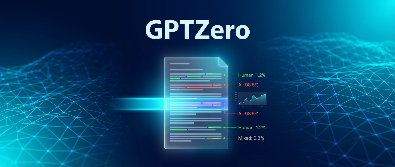 GPTZero banner in AI Detection & Authenticity Ranking on Freelance Planet, AI-powered text analysis and human versus AI content detection visualization