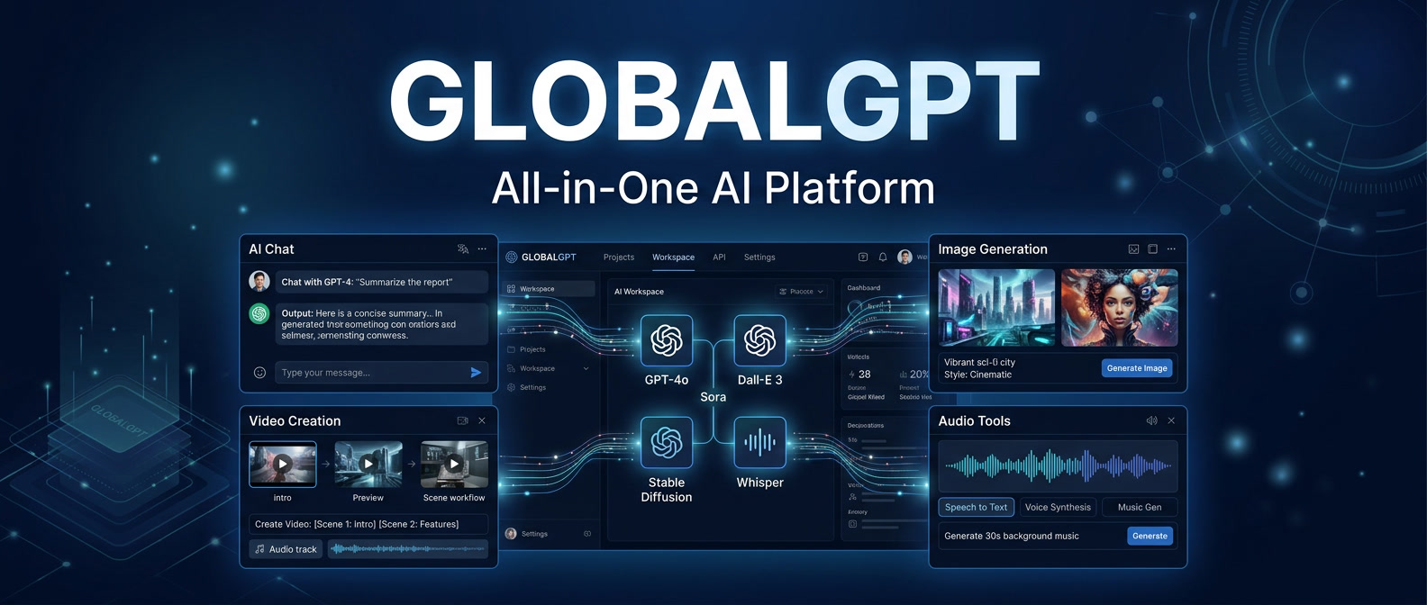GlobalGPT all in one AI platform dashboard showing chat image video and audio AI tools workspace